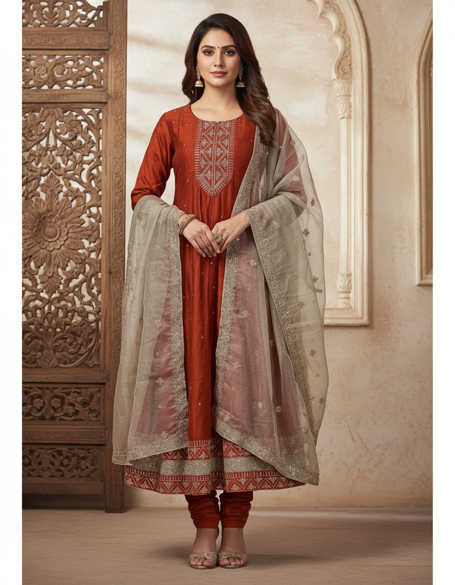 Vichitra Silk Umbrella kurti, Pant and dupatta set