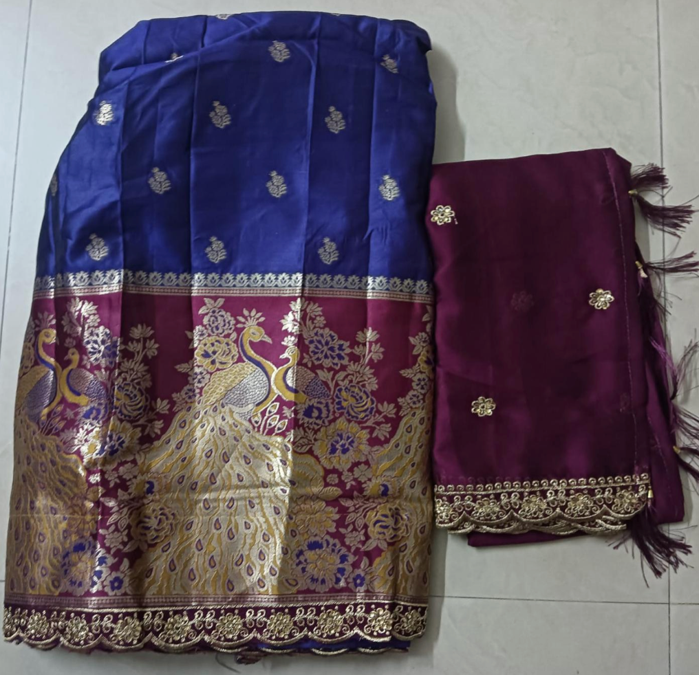 Banarasi Paithani Silk Lehenga with Contrast dupatta with pouch packing (Semi-Stitched)