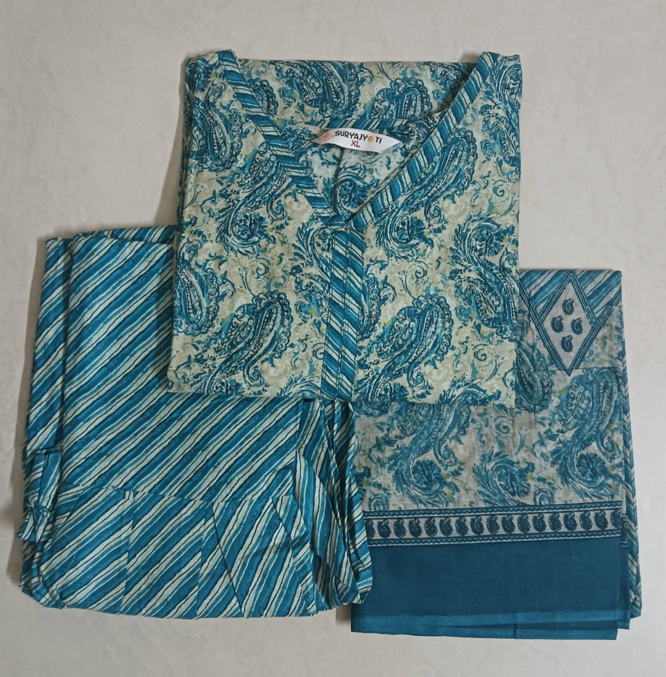Suryajyothi cotton 3pc set - Top, pant and dupatta set