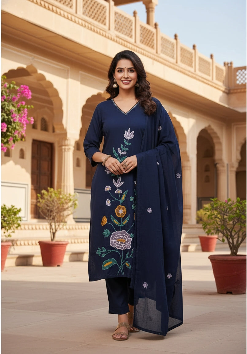 Pure Mul Cotton Kurti Pant With Dupatta Set