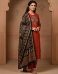 Dabu Cotton Kurti Pant With Contrast Dupatta Set