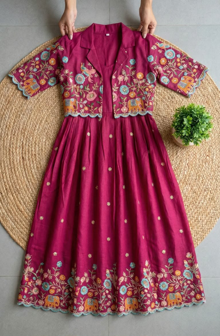 Vichitra Silk Gown With Detachable Jacket
