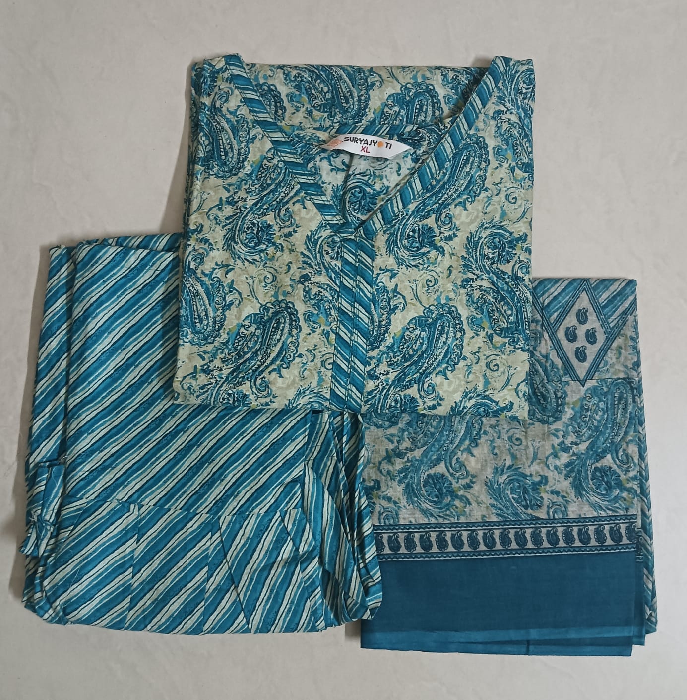 Suryajyothi cotton 3pc set - Top, pant and dupatta set