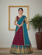 Banarasi Paithani Silk Lehenga with Contrast dupatta with pouch packing (Semi-Stitched)