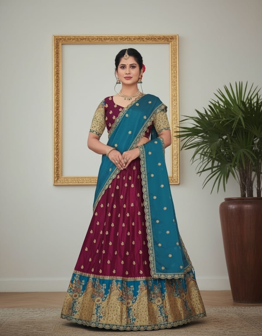 Banarasi Paithani Silk Lehenga with Contrast dupatta with pouch packing (Semi-Stitched)