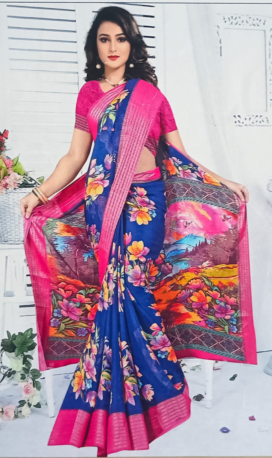 Marshmallow Saree with contrast blouse with pouch packing